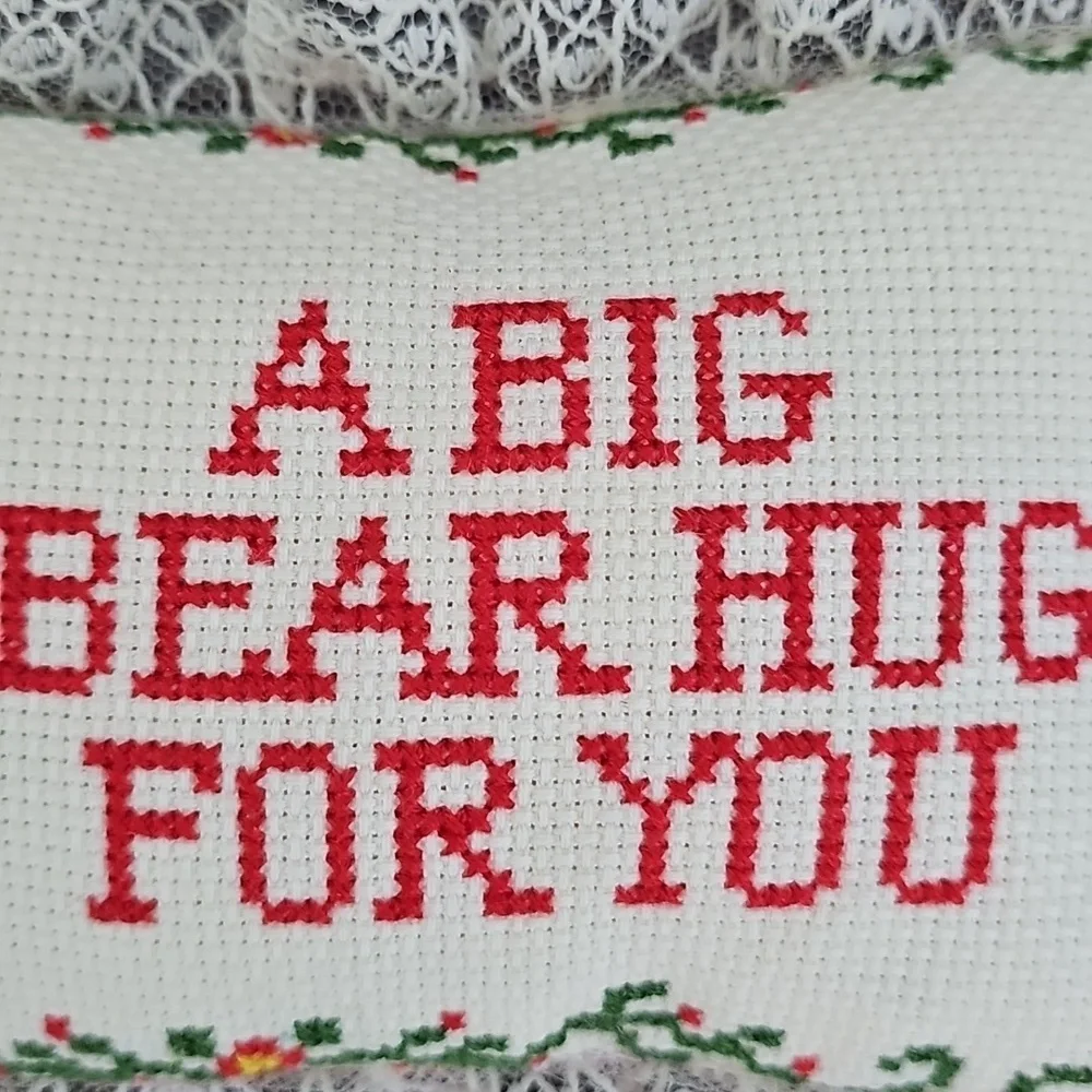 Holiday Vintage Cross Stitched Handcrafted Bear Hug Decorative Pillow